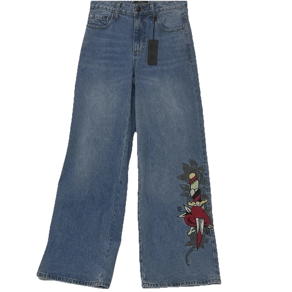 Ed Hardy Love Graphic Denim Jeans Wide Leg Y2K Embroidered Logo Women Size 32x32